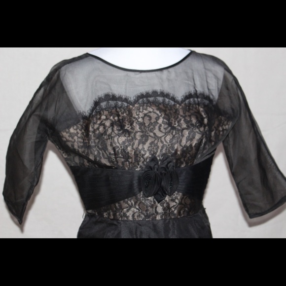 Vintage 50s Black Silk Organza Dress w/Lace